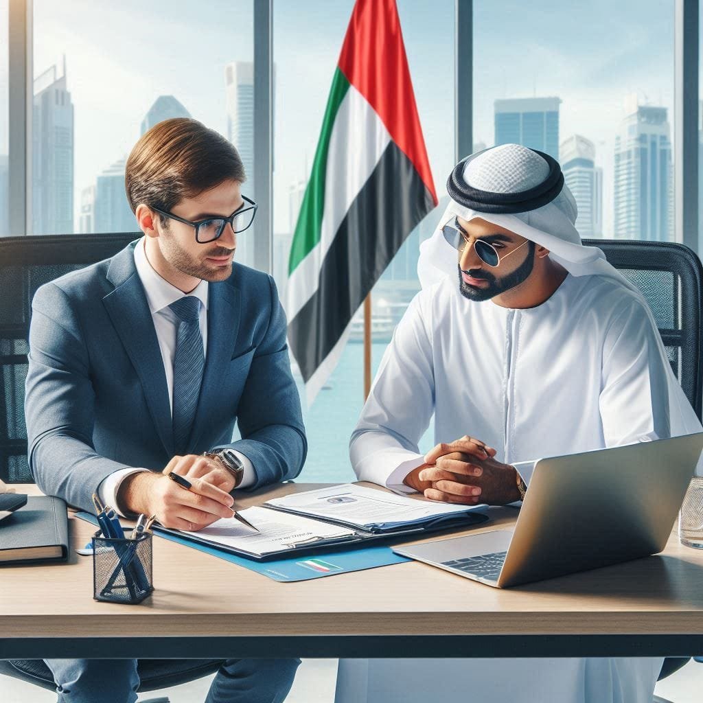 "HR professional in suit discussing UAE gratuity rules with Emirati employee in traditional dress, sitting face to face in office setting"