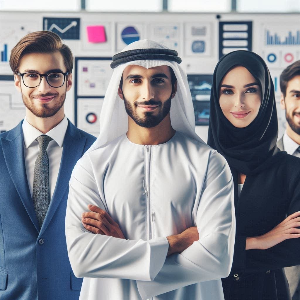 A diverse professional team including an Emirati, a business executive, and a female expert, standing confidently in a tech office