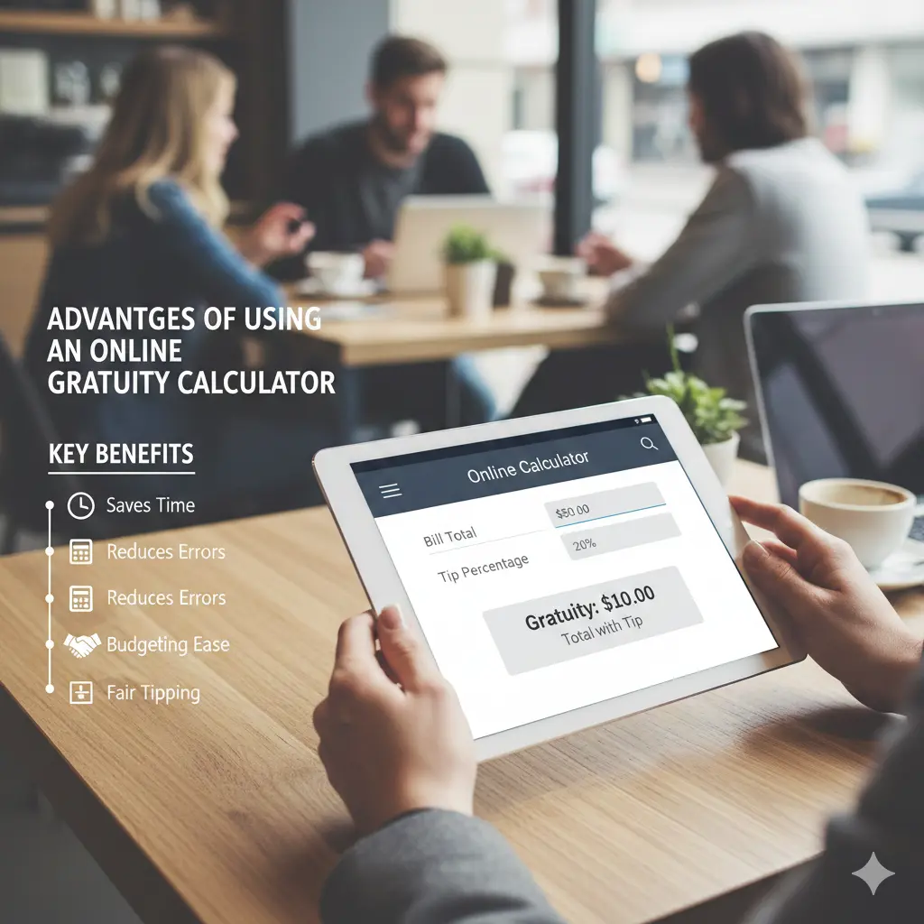 Person using an online gratuity calculator (Go Gratuity Tool) on a tablet, showing gratuity amount.