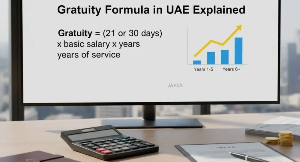 Gratuity formula calculation for UAE with chart explaining years of service
