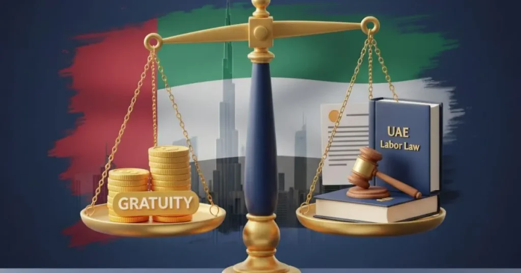 Legal scales with coins and UAE Labor Law book, symbolizing tax and legal aspects of gratuity