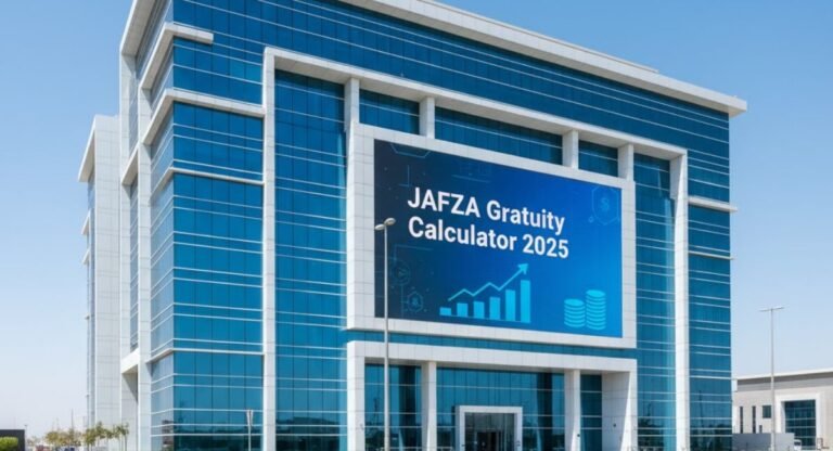 JAFZA Gratuity Calculator 2025 displayed on building facade with data and graph visual
