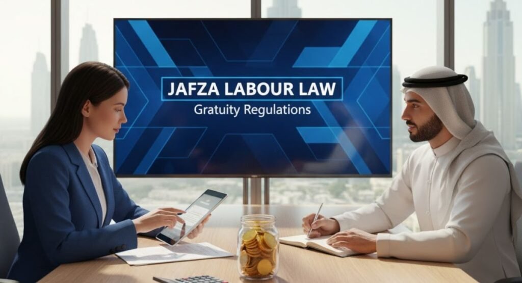 JAFZA Labour Law Gratuity Regulations being discussed in an office setting 