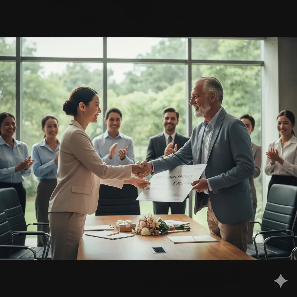 Two professional shaking hands, symbolizing end of service and gratuity