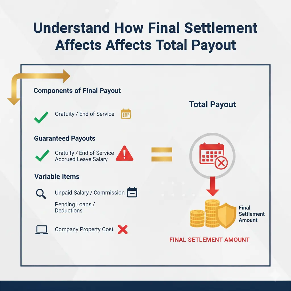 UAE final settlement infographic showing gratuity, leave salary, deductions and total payout