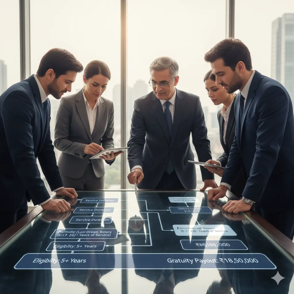 Group of professional discussing gratuity eligibility and calculation