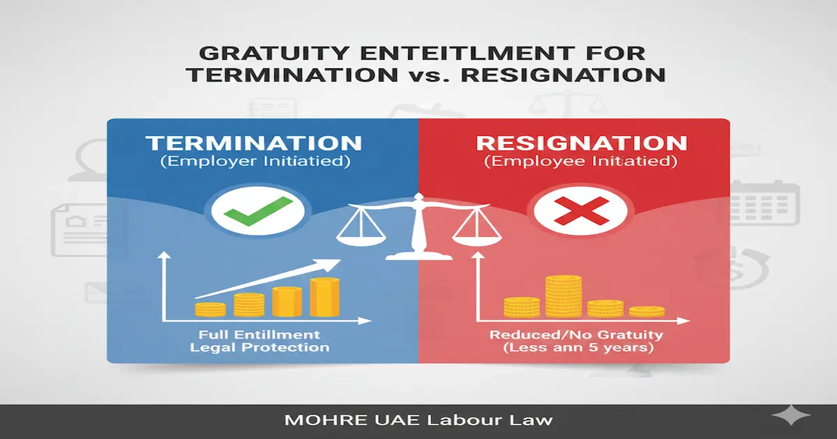 Gratuity Entitlement comparison: full entitlement for termination vs reduced/no gratuity for resignation