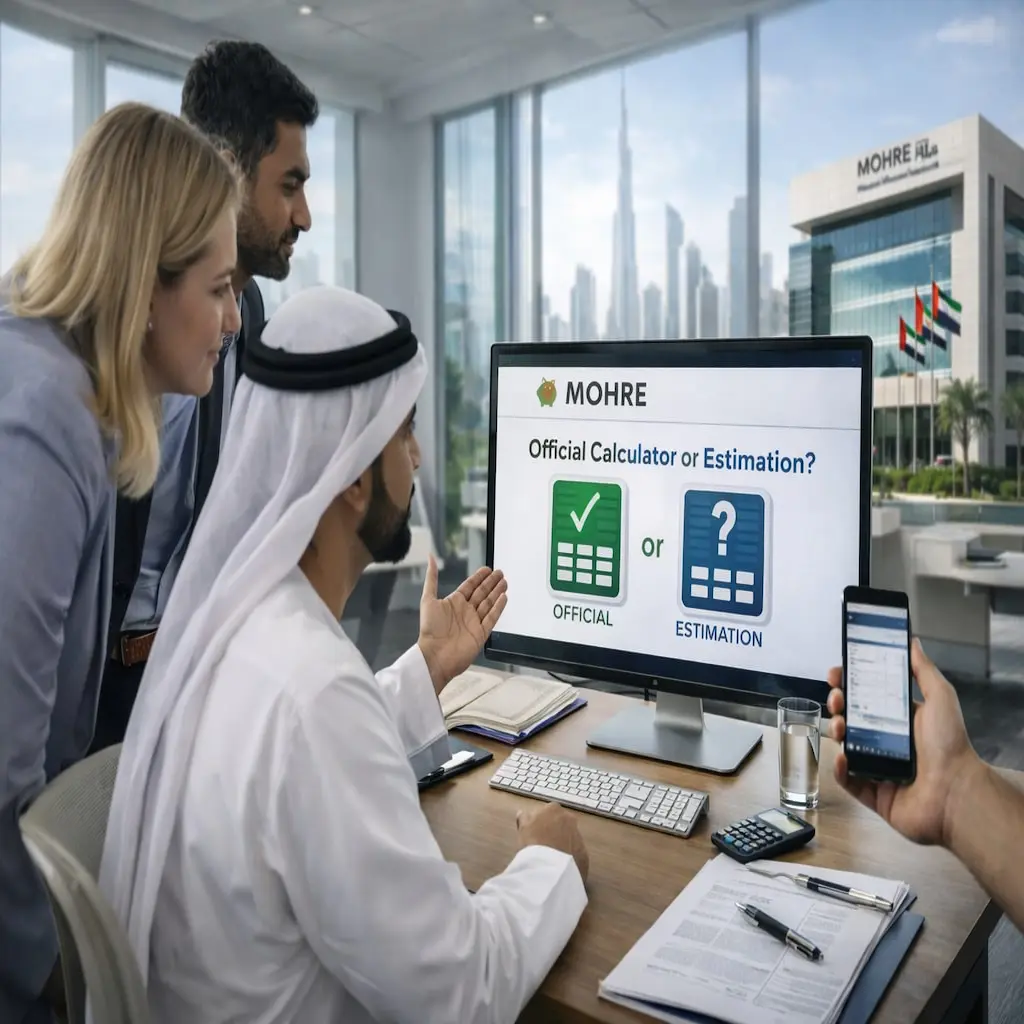 MOHRE gratuity calculator discussing in an office meeting