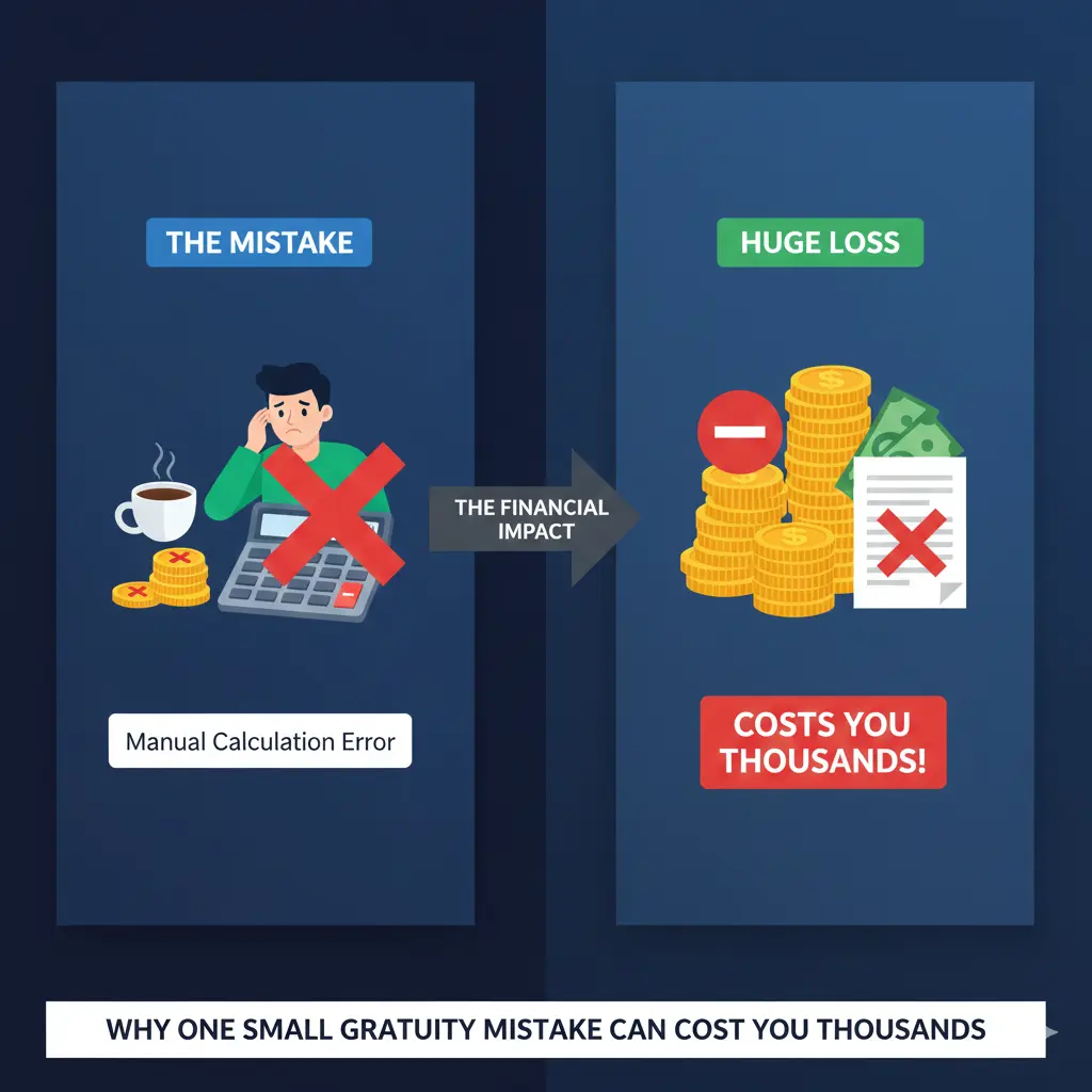 UAE gratuity mistake showing manual calculation error and financial loss.