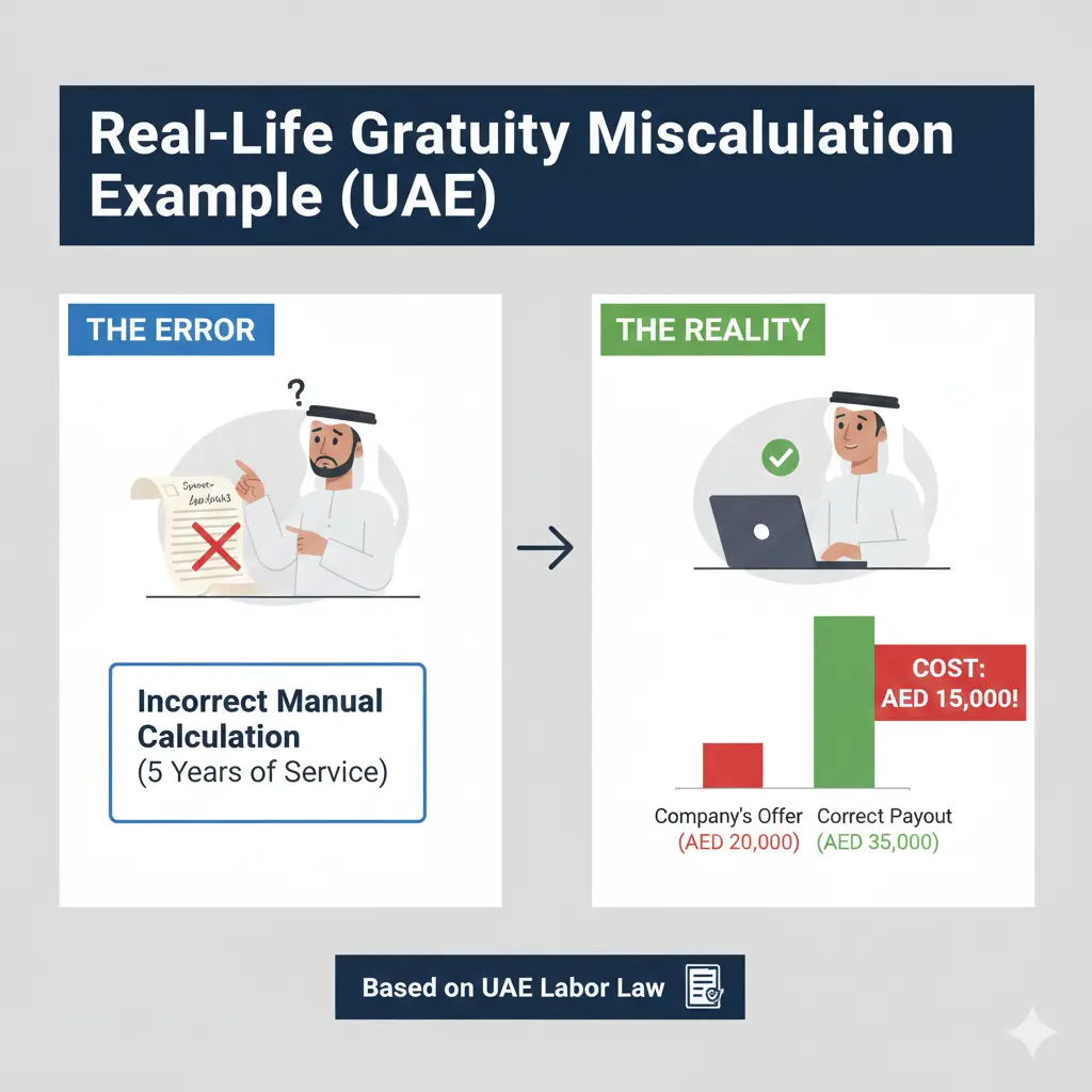 UAE gratuity miscalculation example showing incorrect vs correct payout