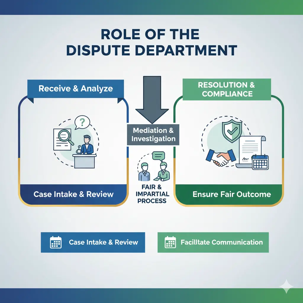 Rile of dispute department in case review, mediation and resolution