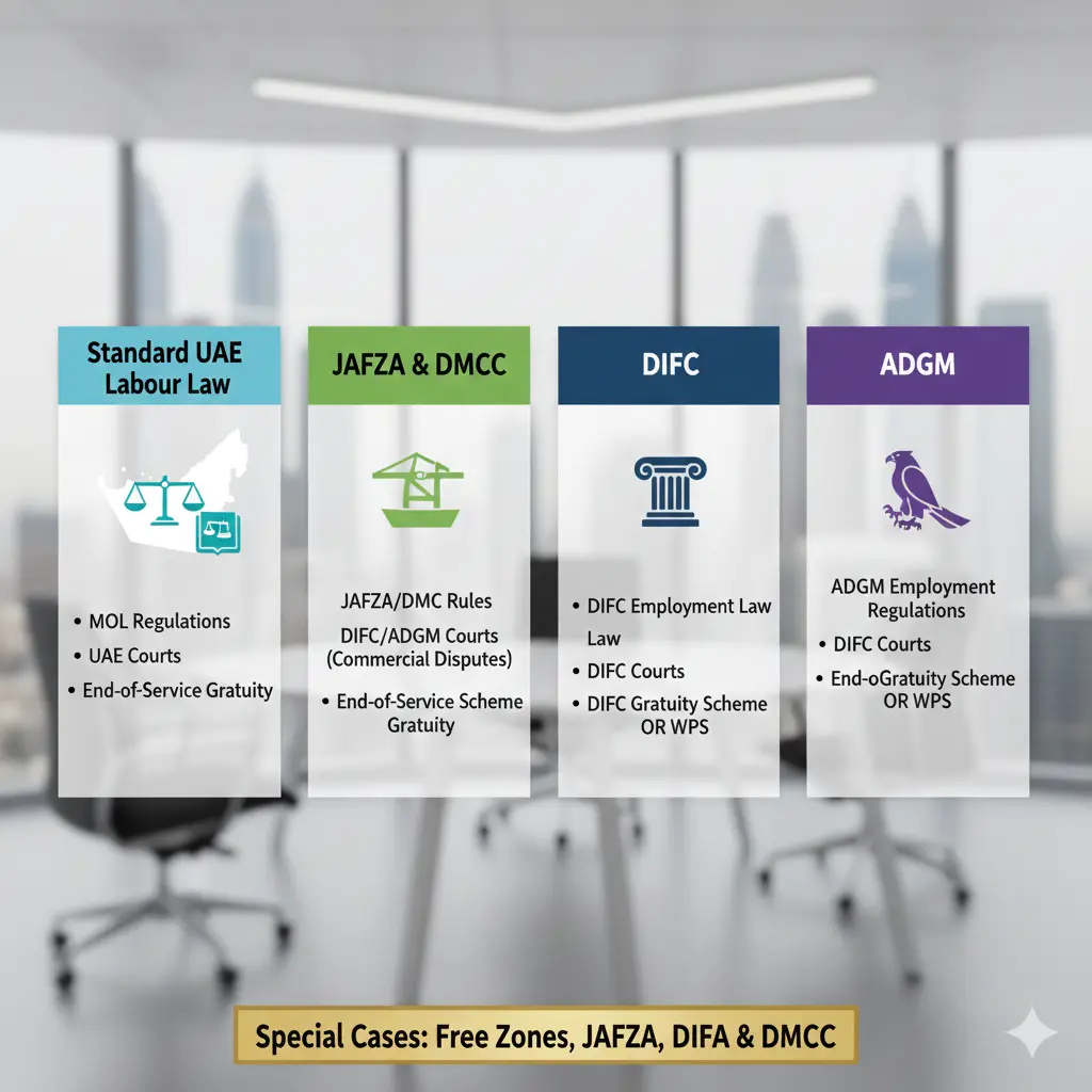 UAE labour law coverage across mainland DIFC ADGM and free zones