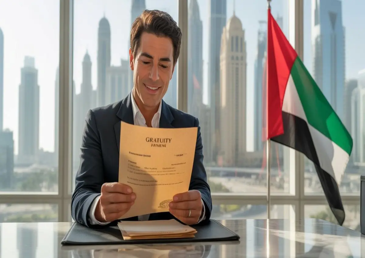 Man signing a gratuity document with UAE Flag in the background