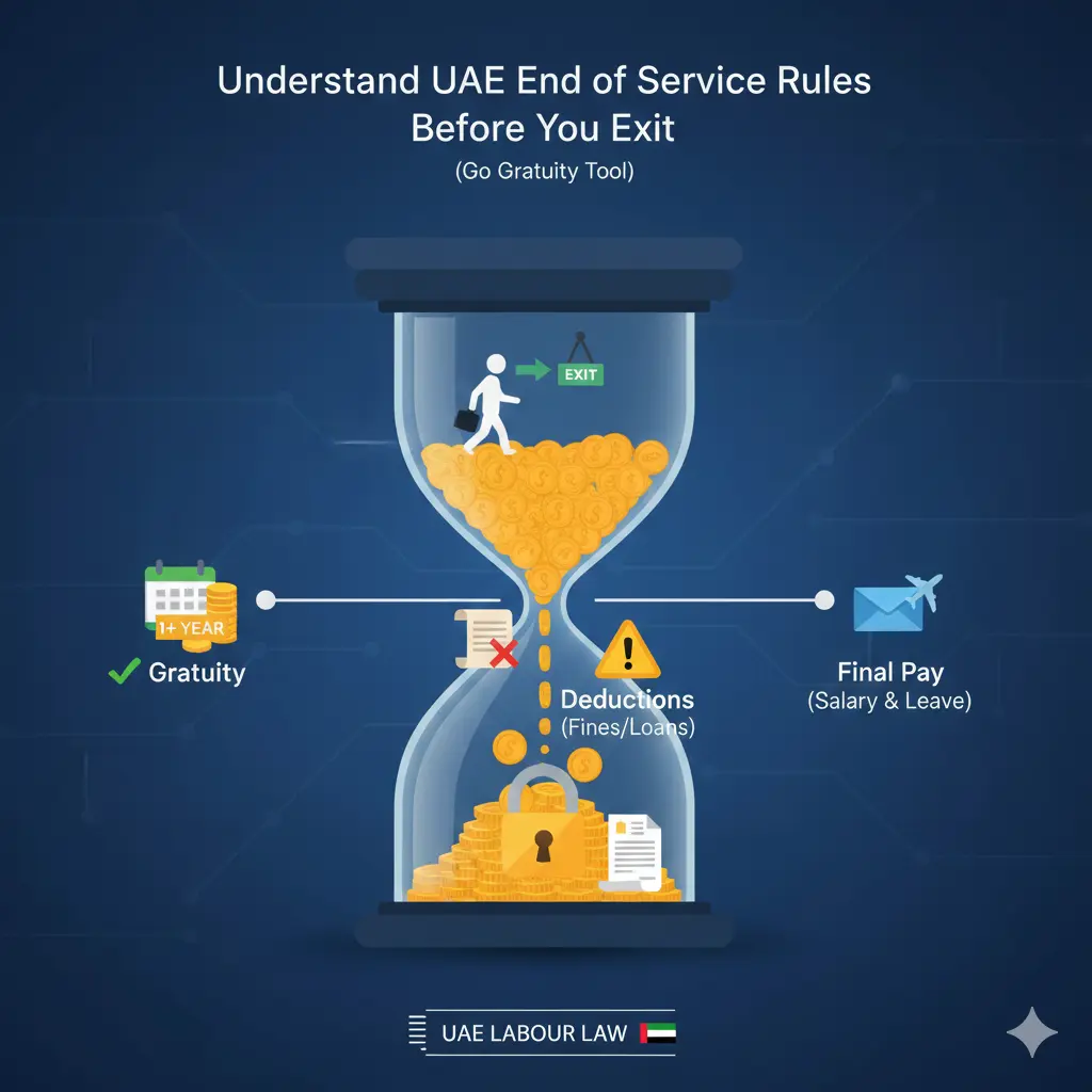 UAE gratuity formula infographic showing end of service benefits, deduction and final pay