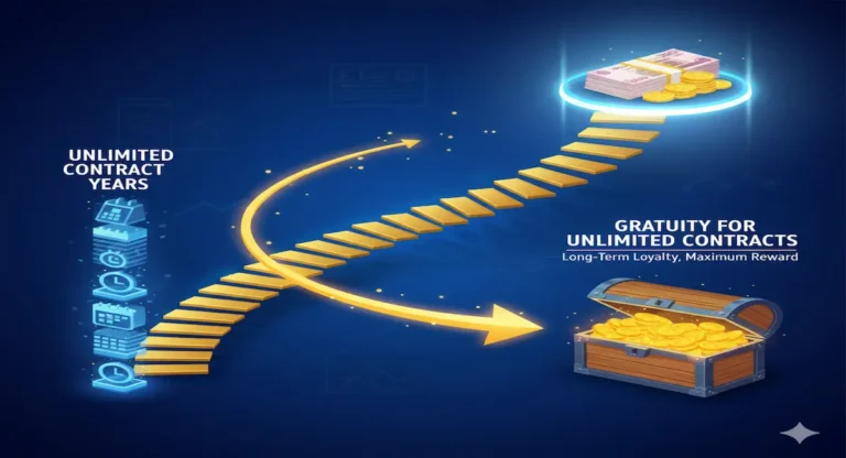 Illustration of unlimited Contract Years and Gratuity Calculation Showing an arrow leading to a teasure chest symbolizing rewards for unlimited contract