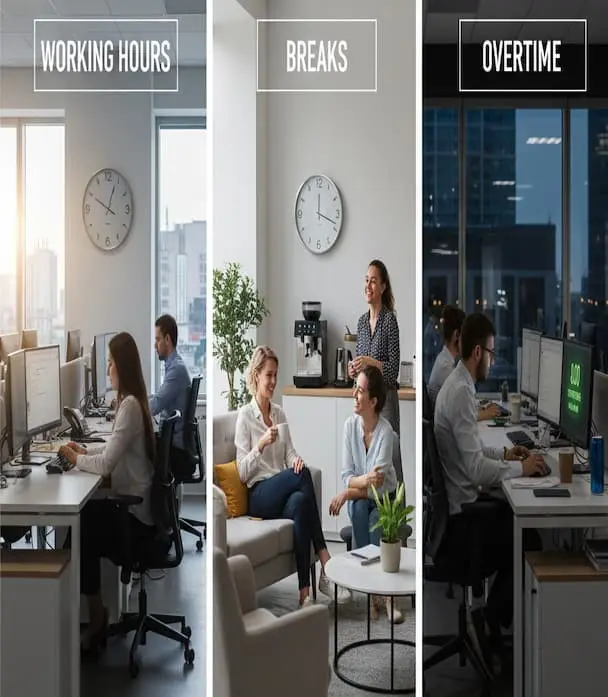 Office scene with employees discussing working hours, break and overtime